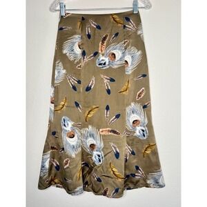By‎ Bomi Midi Skirt Peacock Feather Print Olive Green Satin Flare A-Line Skirt